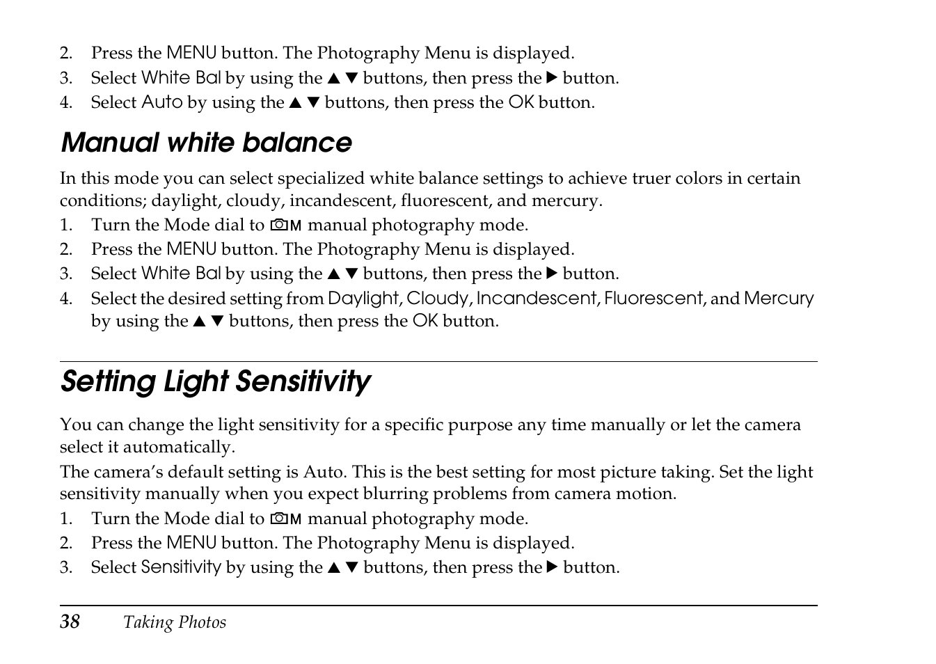 Manual white balance, Setting light sensitivity | Epson PhotoPC L-410 User Manual | Page 38 / 98