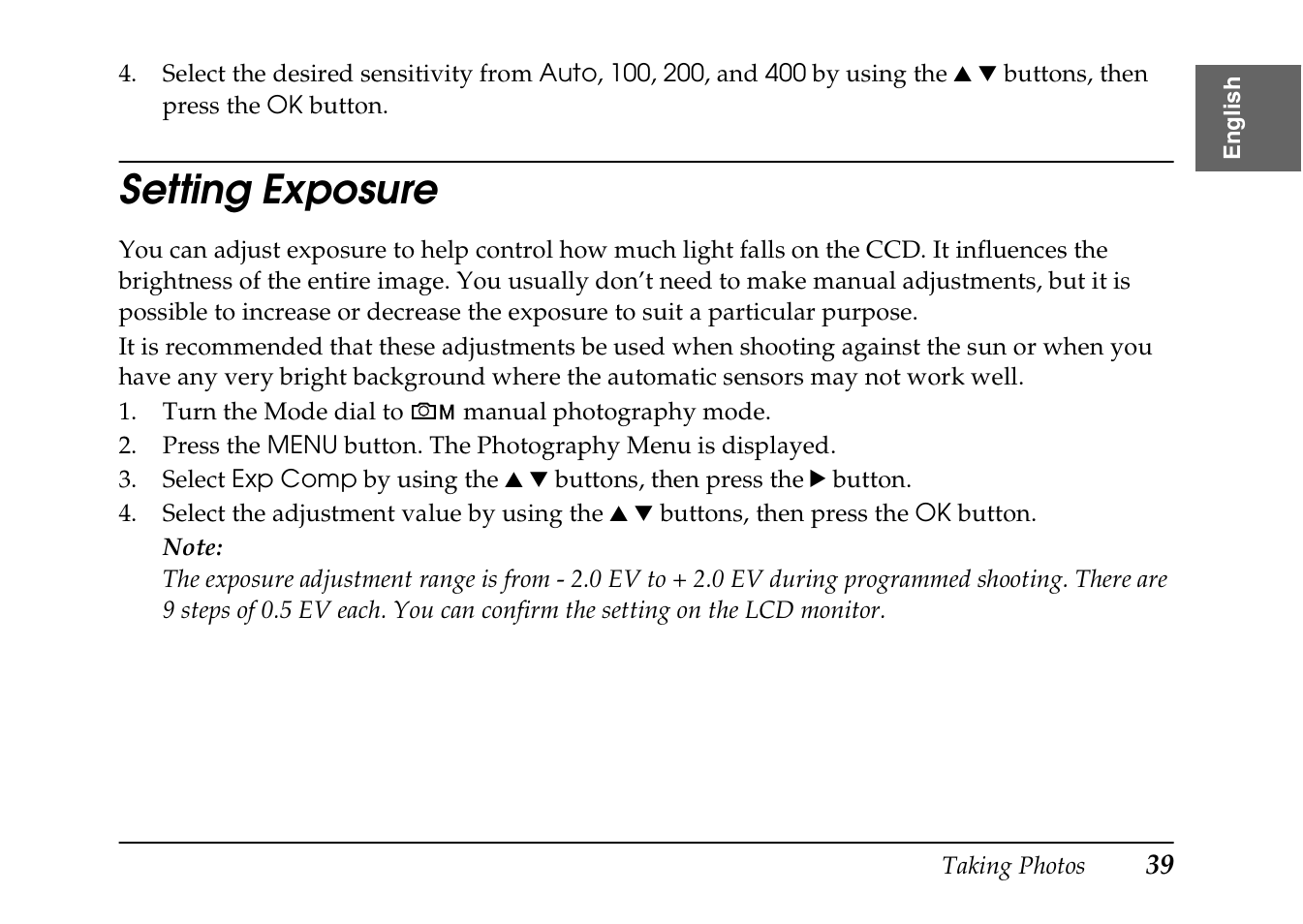 Setting exposure | Epson PhotoPC L-410 User Manual | Page 39 / 98