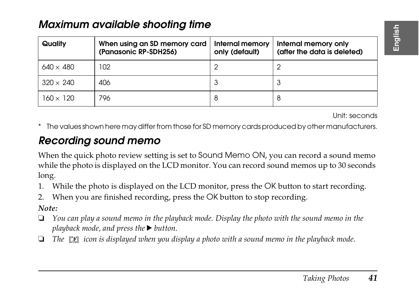 Maximum available shooting time | Epson PhotoPC L-410 User Manual | Page 41 / 98