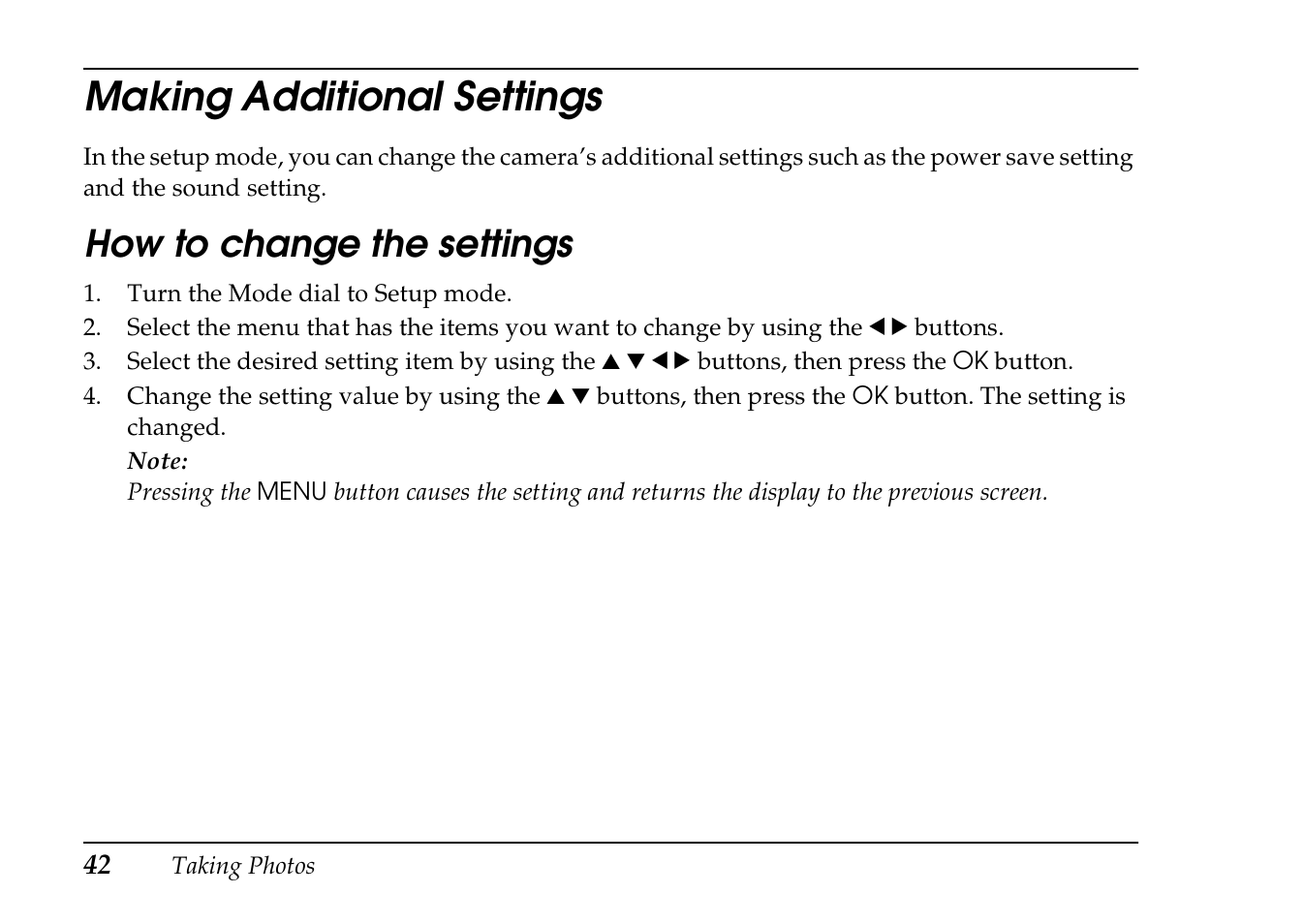 Making additional settings, How to change the settings | Epson PhotoPC L-410 User Manual | Page 42 / 98