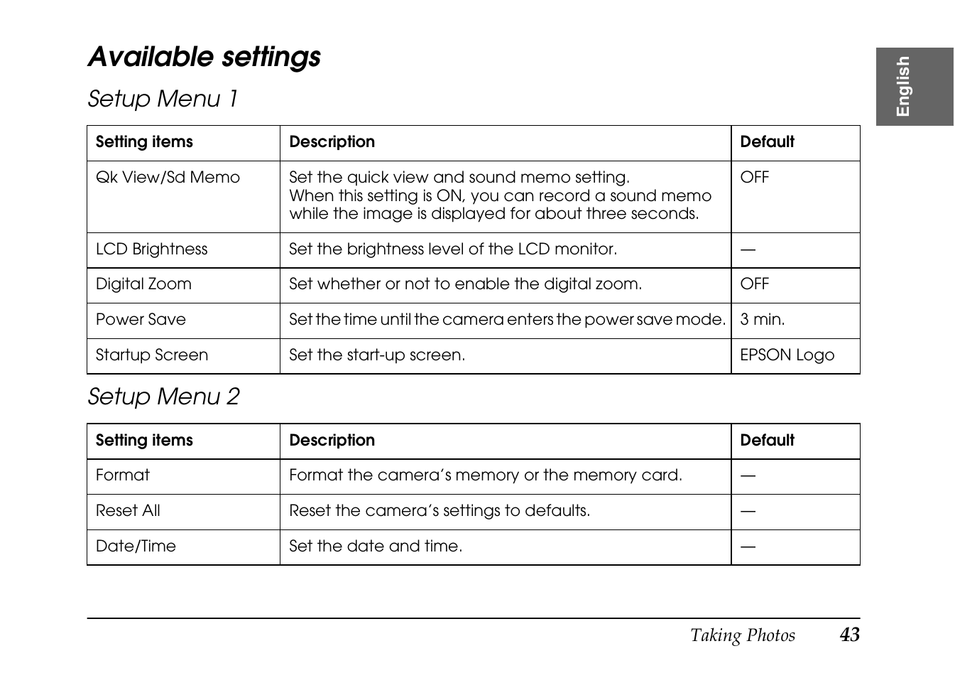 Available settings, Setup menu 1 setup menu 2 | Epson PhotoPC L-410 User Manual | Page 43 / 98