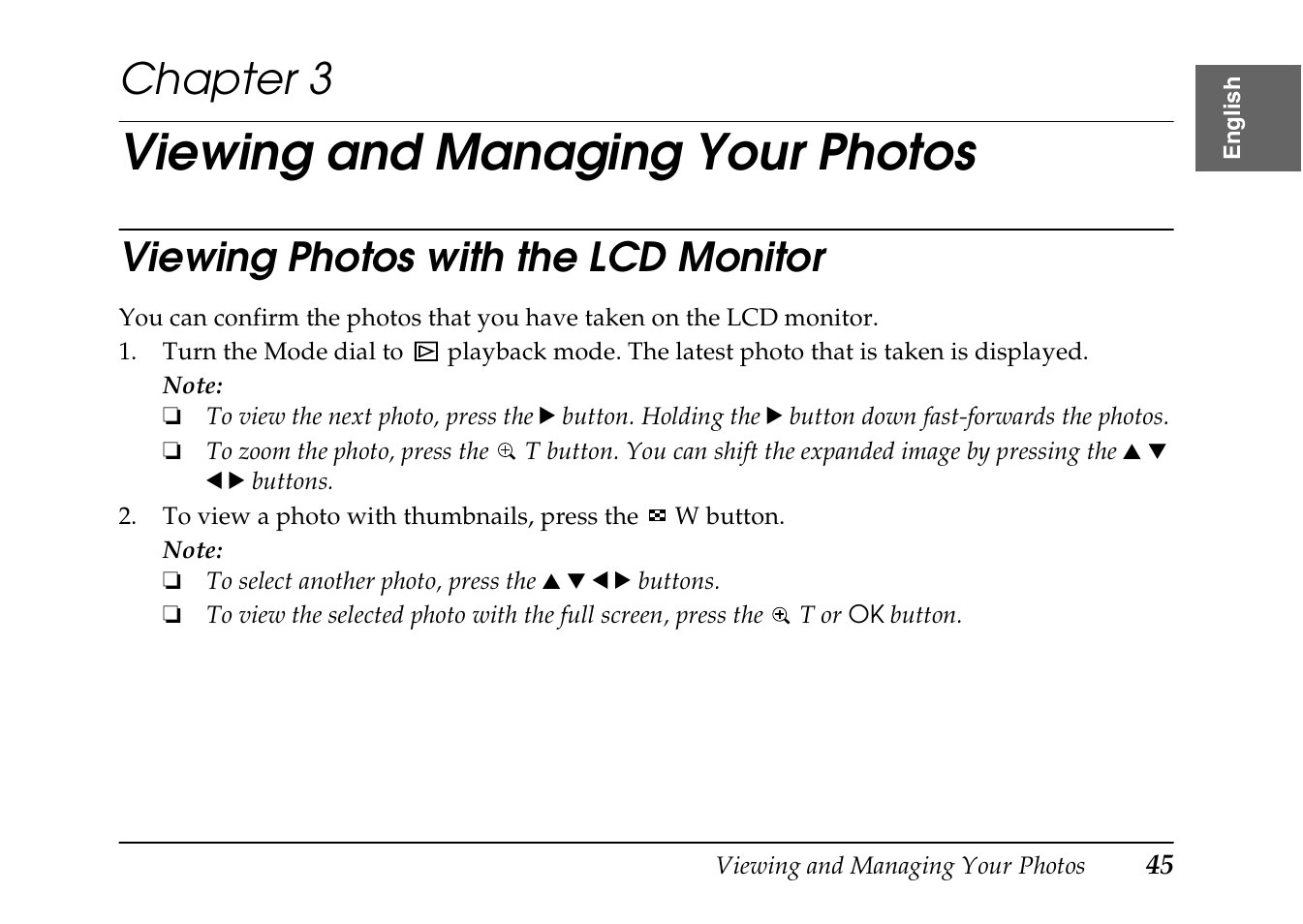 Viewing and managing your photos, Chapter 3, Viewing photos with the lcd monitor | Epson PhotoPC L-410 User Manual | Page 45 / 98