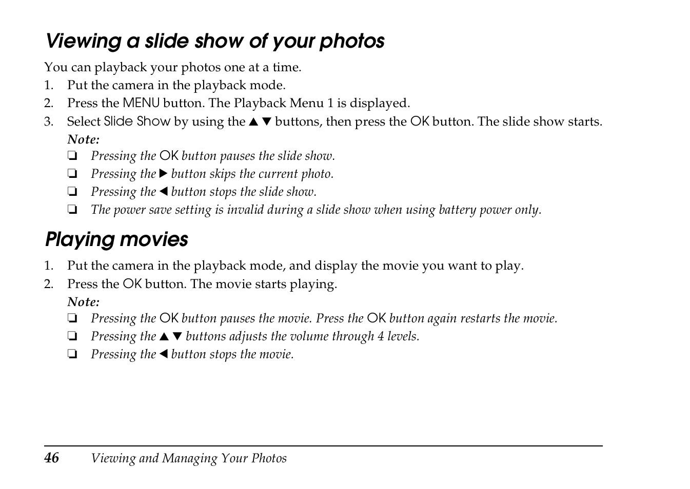 Viewing a slide show of your photos playing movies, Viewing a slide show of your photos, Playing movies | Epson PhotoPC L-410 User Manual | Page 46 / 98