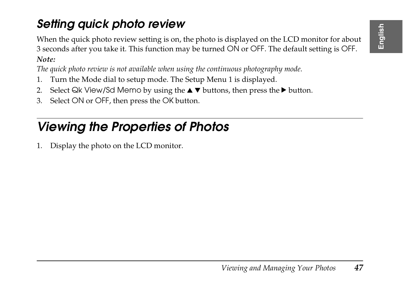 Setting quick photo review, Viewing the properties of photos | Epson PhotoPC L-410 User Manual | Page 47 / 98