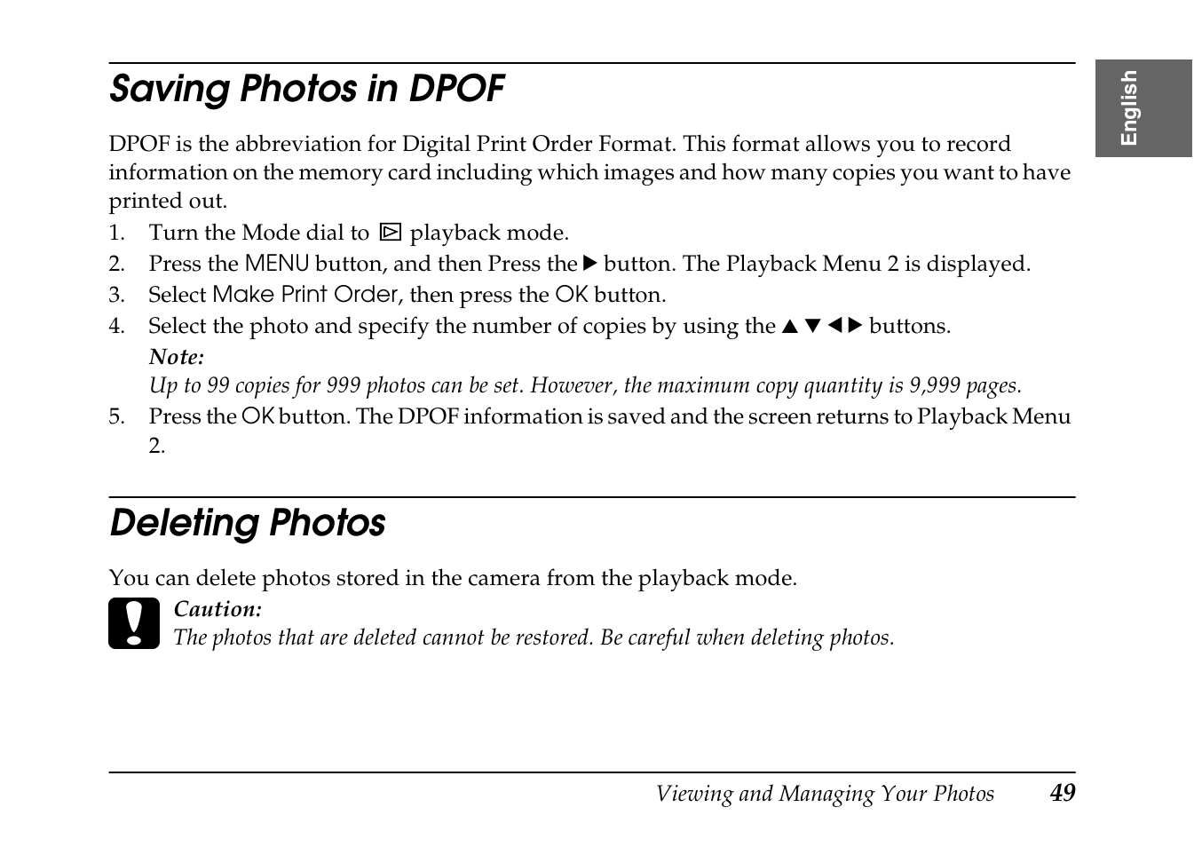 Saving photos in dpof deleting photos, Saving photos in dpof, Deleting photos | Epson PhotoPC L-410 User Manual | Page 49 / 98