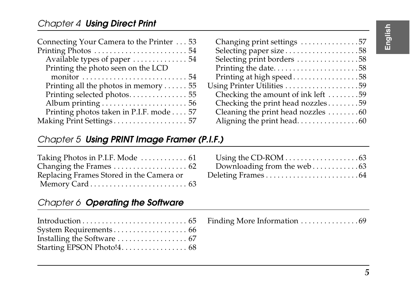 Chapter 4 using direct print, Chapter 5 using print image framer (p.i.f.), Chapter 6 operating the software | Epson PhotoPC L-410 User Manual | Page 5 / 98