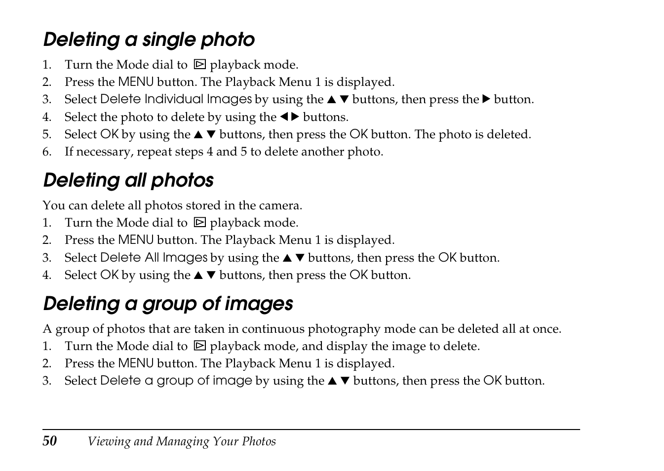 Deleting a single photo, Deleting all photos, Deleting a group of images | Epson PhotoPC L-410 User Manual | Page 50 / 98