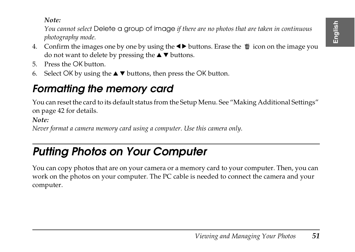 Formatting the memory card, Putting photos on your computer | Epson PhotoPC L-410 User Manual | Page 51 / 98