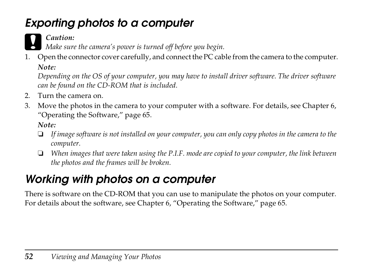 Exporting photos to a computer, Working with photos on a computer | Epson PhotoPC L-410 User Manual | Page 52 / 98