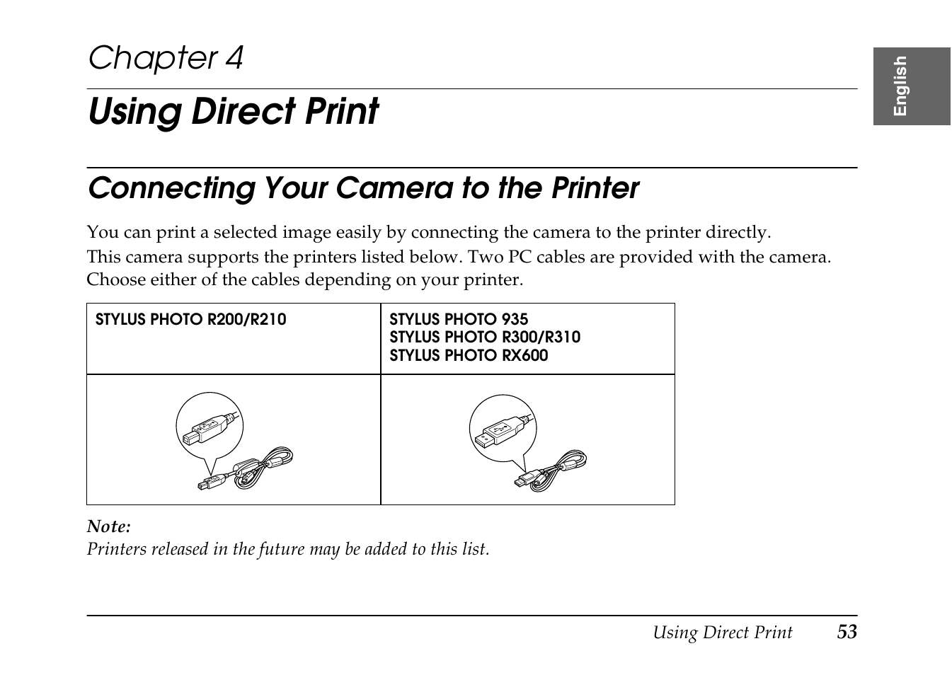 Using direct print, Chapter 4, Connecting your camera to the printer | Epson PhotoPC L-410 User Manual | Page 53 / 98