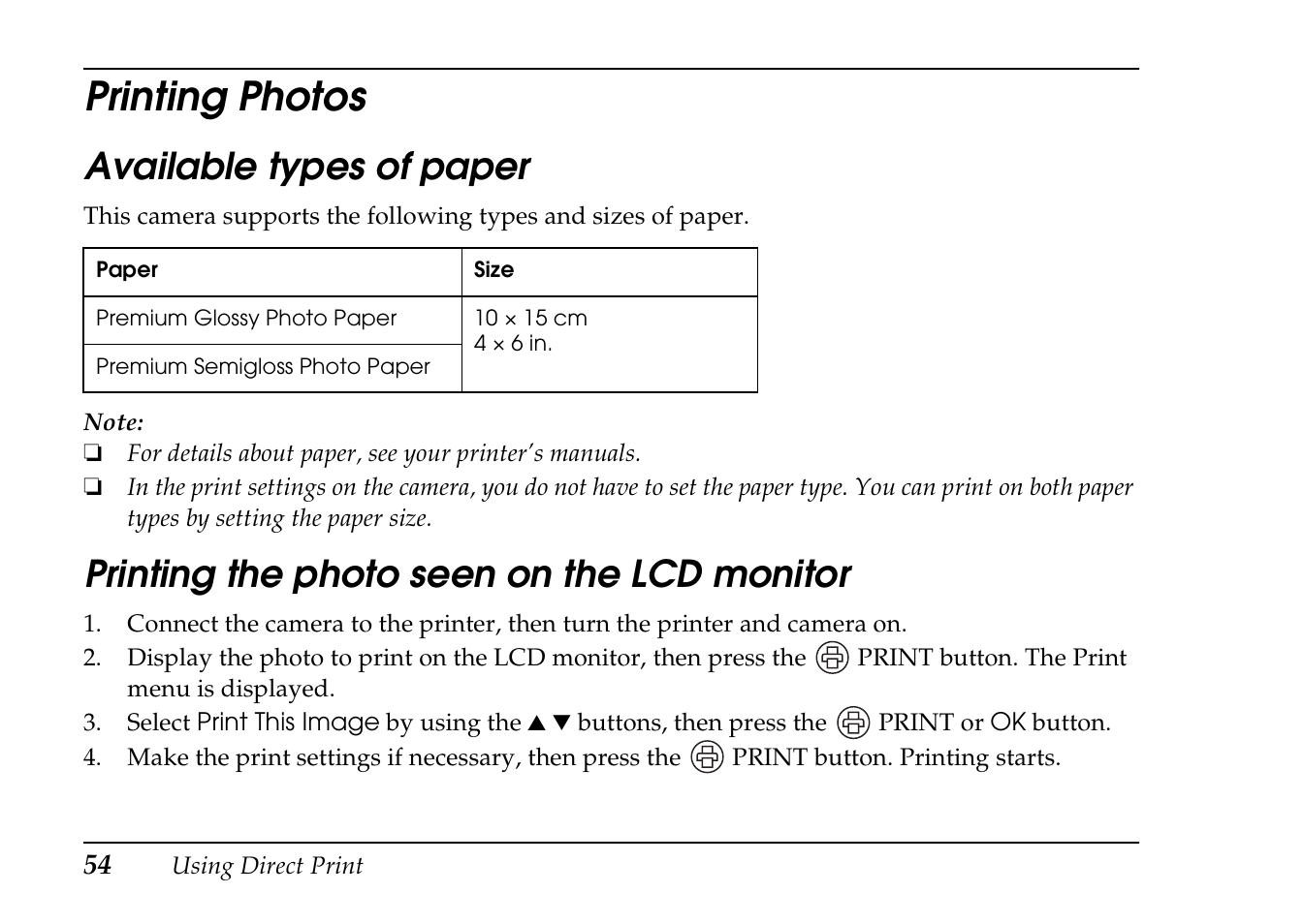 Printing photos, Monitor, Available types of paper | Printing the photo seen on the lcd monitor | Epson PhotoPC L-410 User Manual | Page 54 / 98