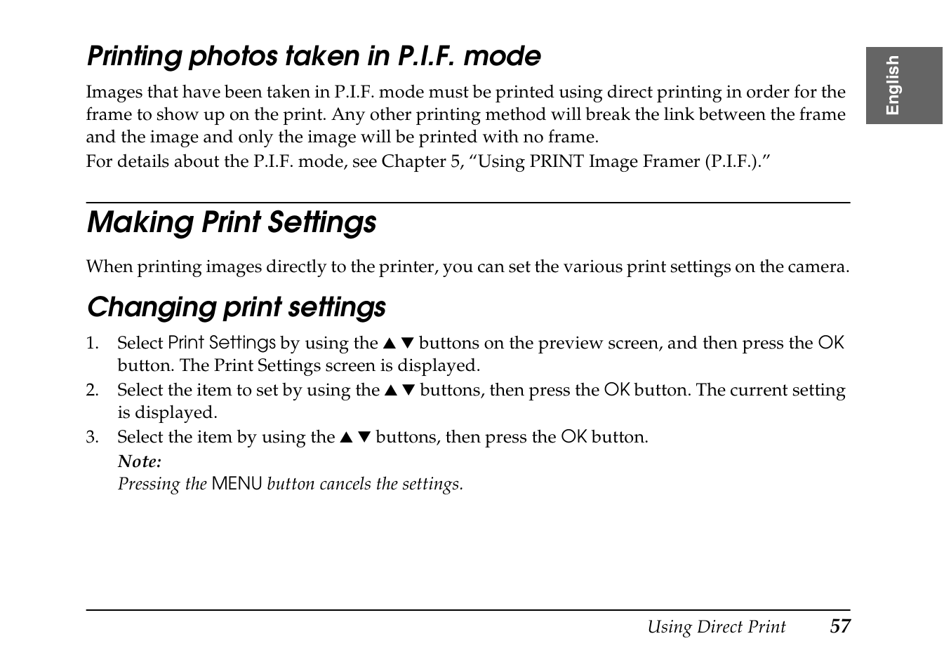 Printing photos taken in p.i.f. mode, Making print settings, Changing print settings | Epson PhotoPC L-410 User Manual | Page 57 / 98