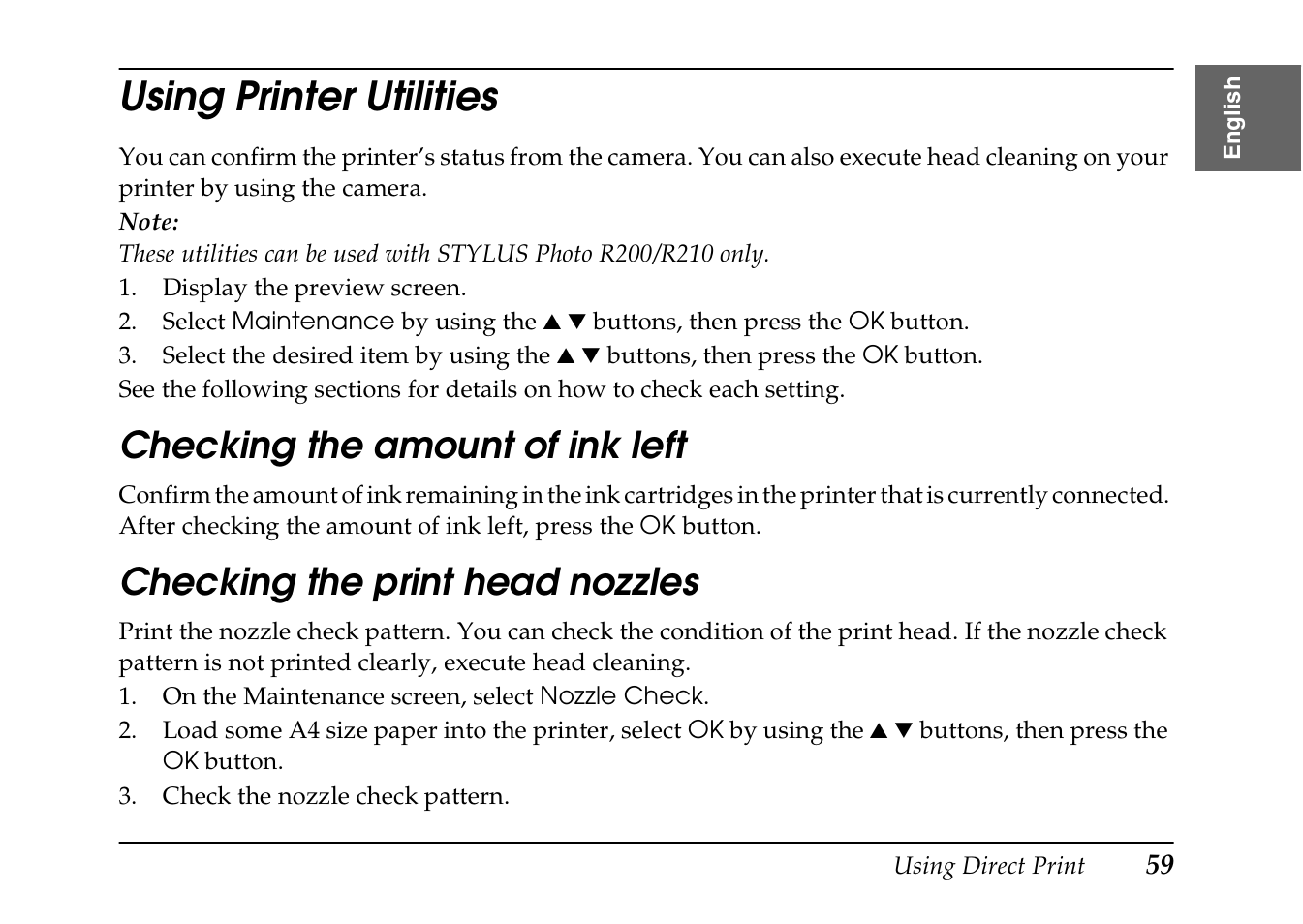 Using printer utilities, Checking the amount of ink left, Checking the print head nozzles | Epson PhotoPC L-410 User Manual | Page 59 / 98