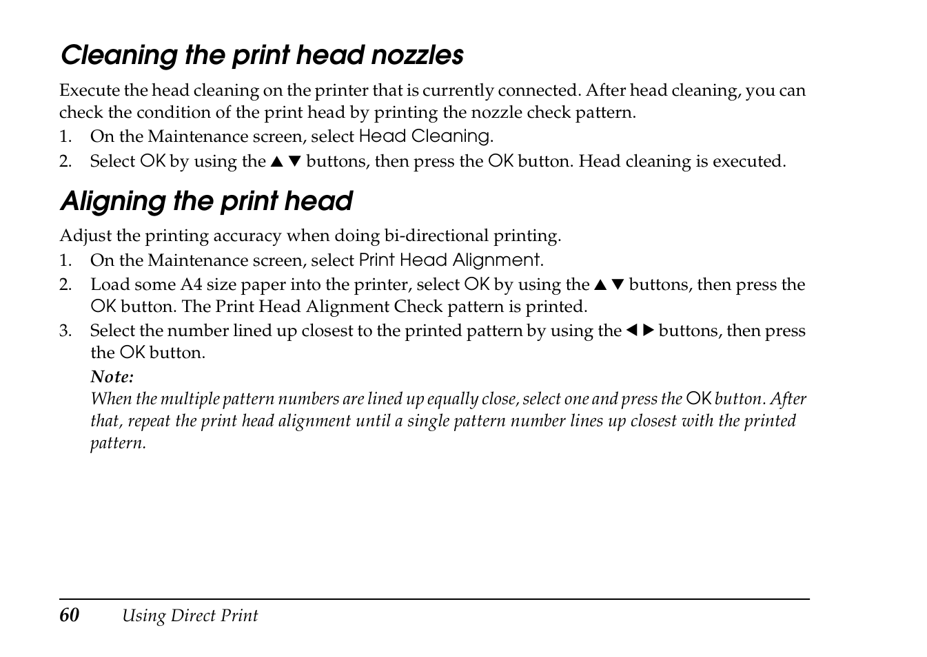 Cleaning the print head nozzles, Aligning the print head | Epson PhotoPC L-410 User Manual | Page 60 / 98