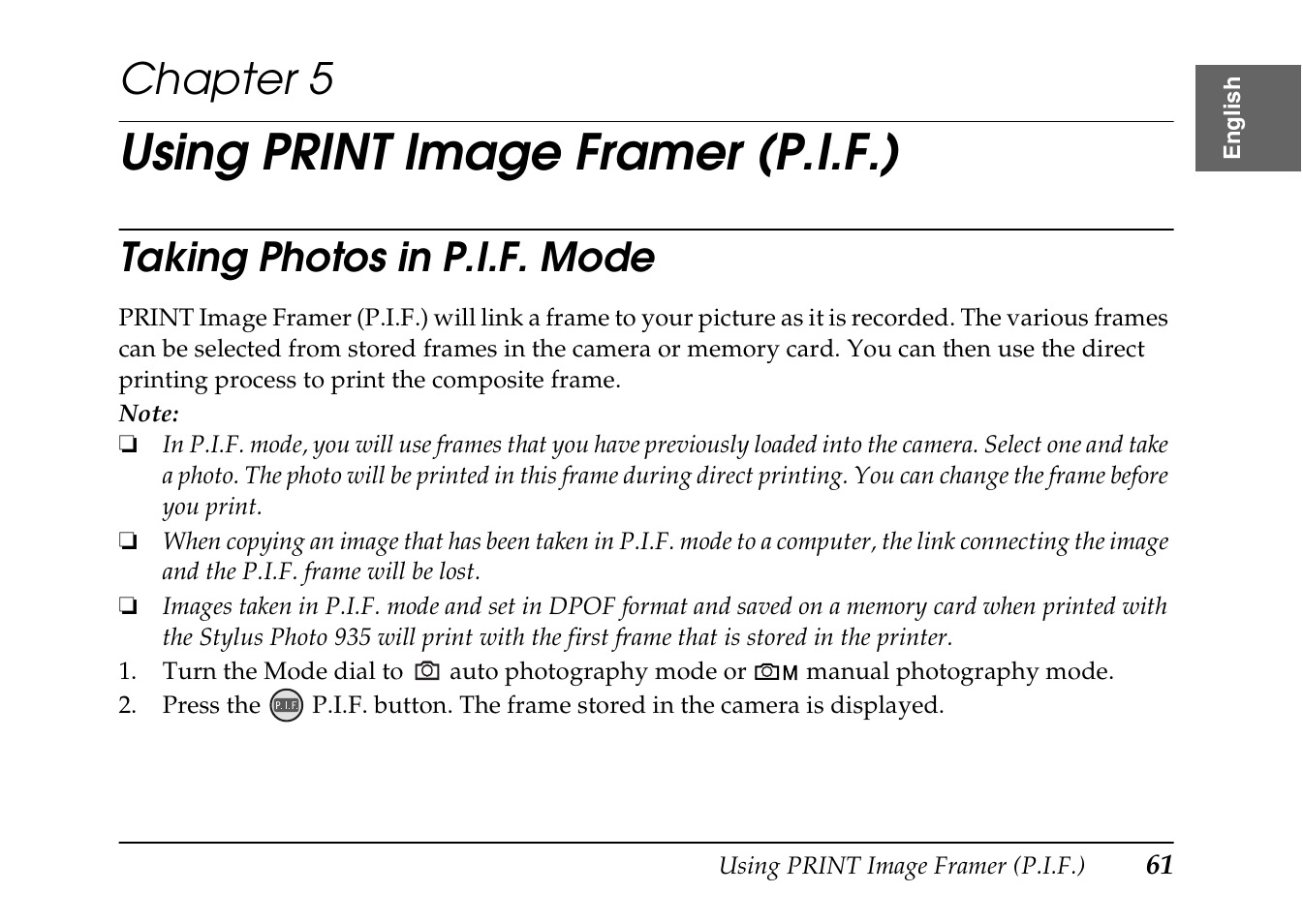 Using print image framer (p.i.f.), Chapter 5, Taking photos in p.i.f. mode | Epson PhotoPC L-410 User Manual | Page 61 / 98