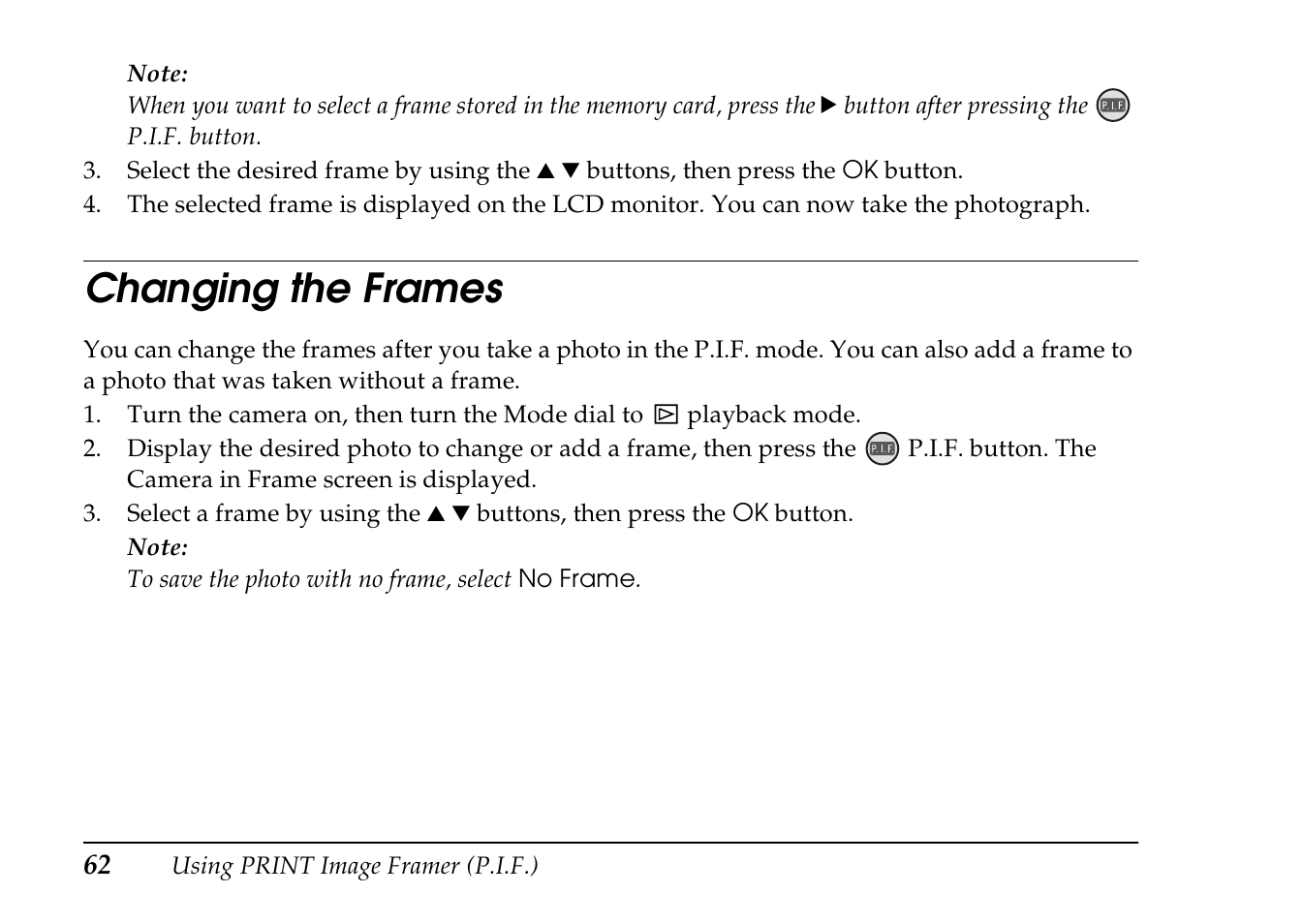 Changing the frames | Epson PhotoPC L-410 User Manual | Page 62 / 98