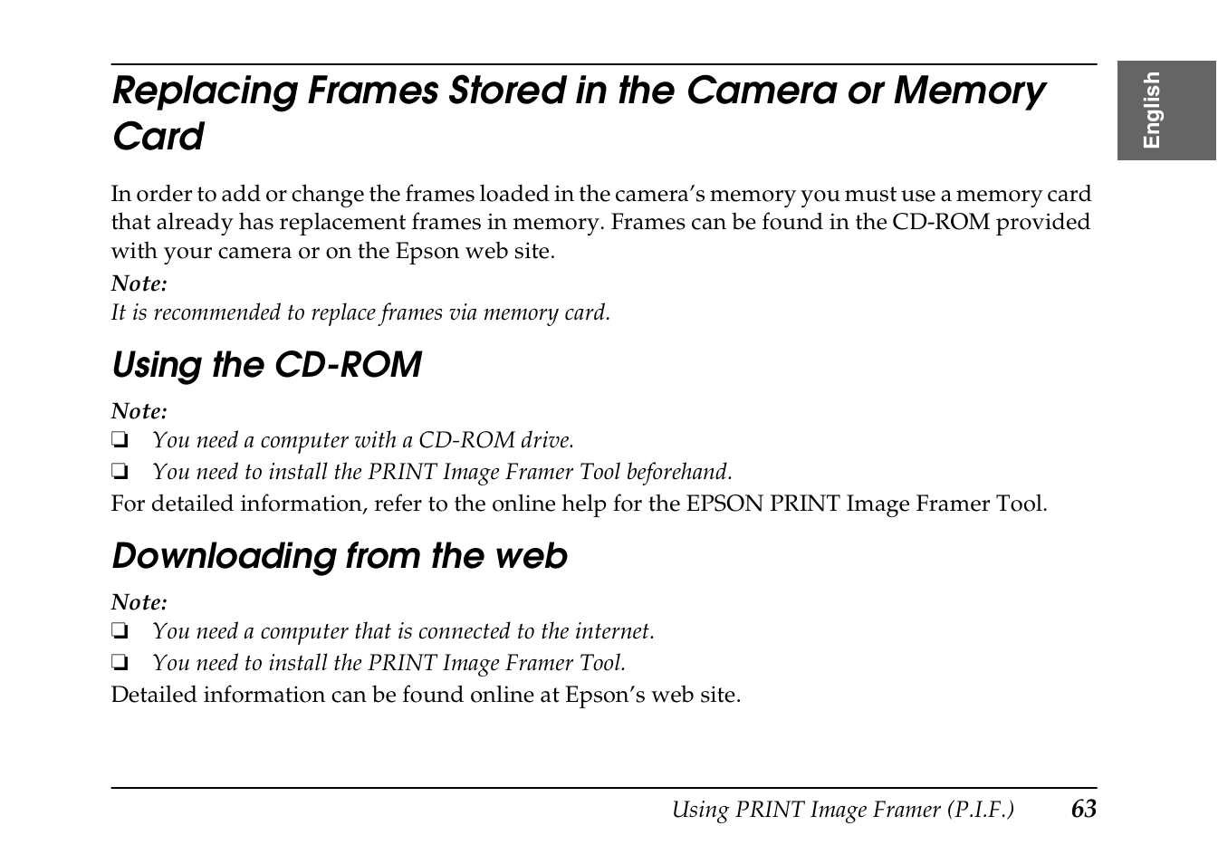 Replacing frames stored in the camera or, Memory card, Using the cd-rom downloading from the web | Epson PhotoPC L-410 User Manual | Page 63 / 98