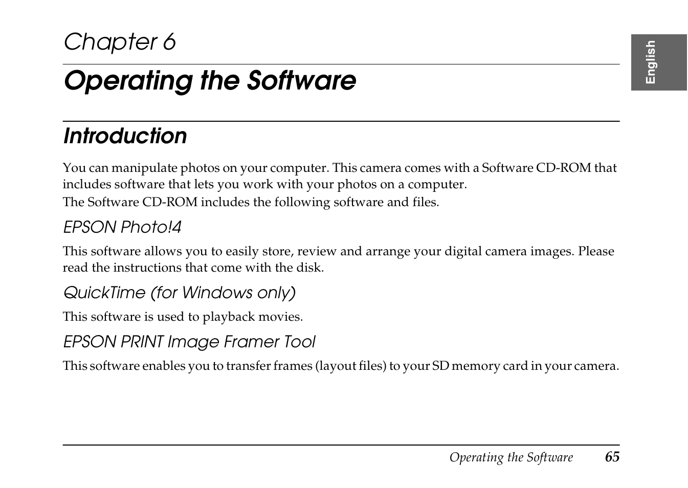 Operating the software, Chapter 6, Introduction | Epson PhotoPC L-410 User Manual | Page 65 / 98