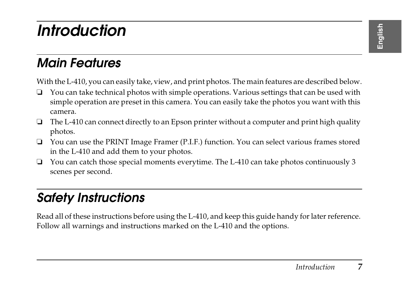 Introduction, Main features safety instructions, Main features | Safety instructions | Epson PhotoPC L-410 User Manual | Page 7 / 98