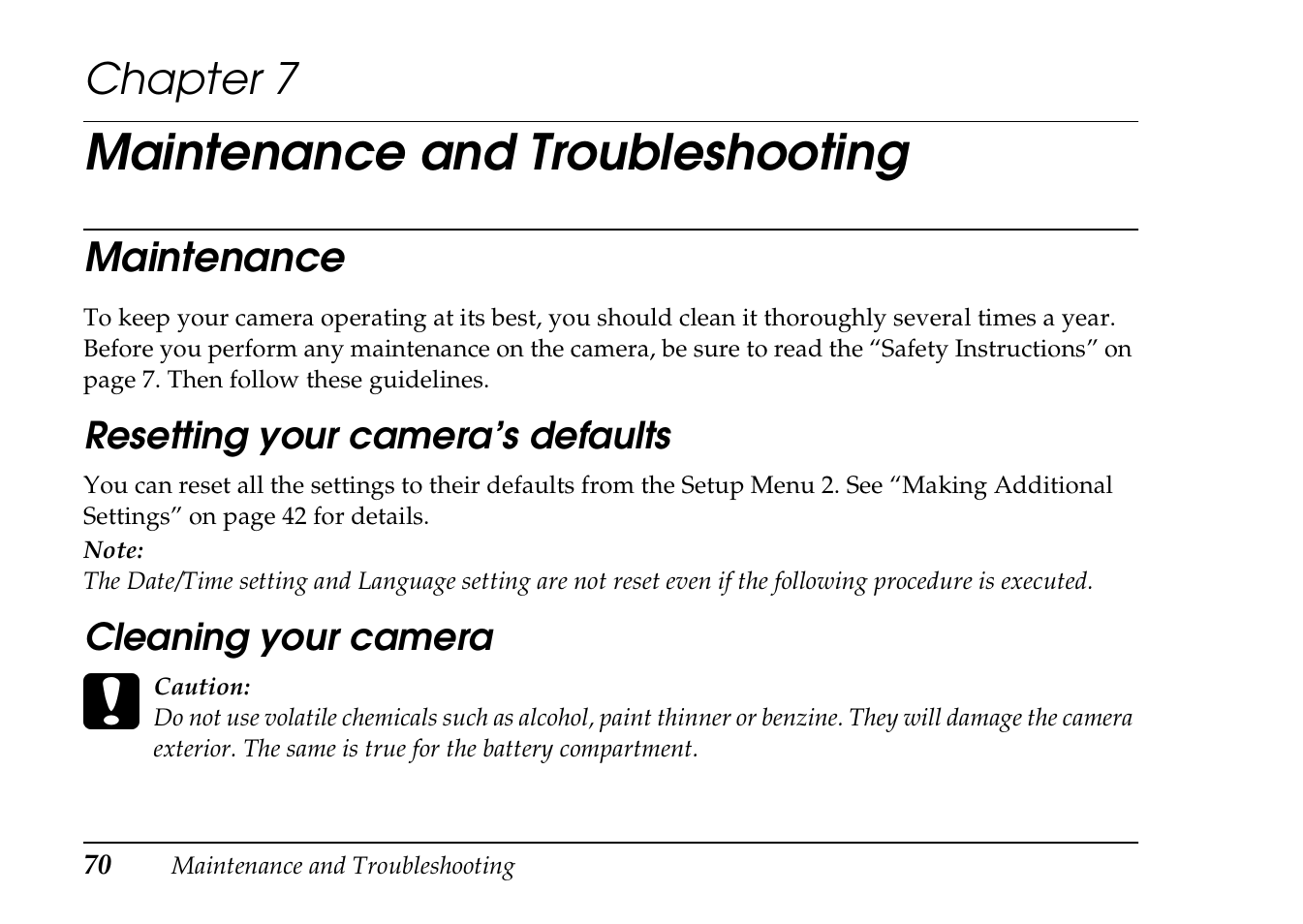 Maintenance and troubleshooting, Chapter 7, Maintenance | Epson PhotoPC L-410 User Manual | Page 70 / 98