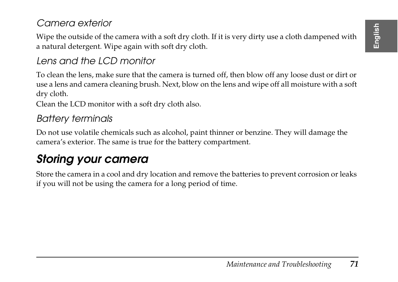 Storing your camera | Epson PhotoPC L-410 User Manual | Page 71 / 98
