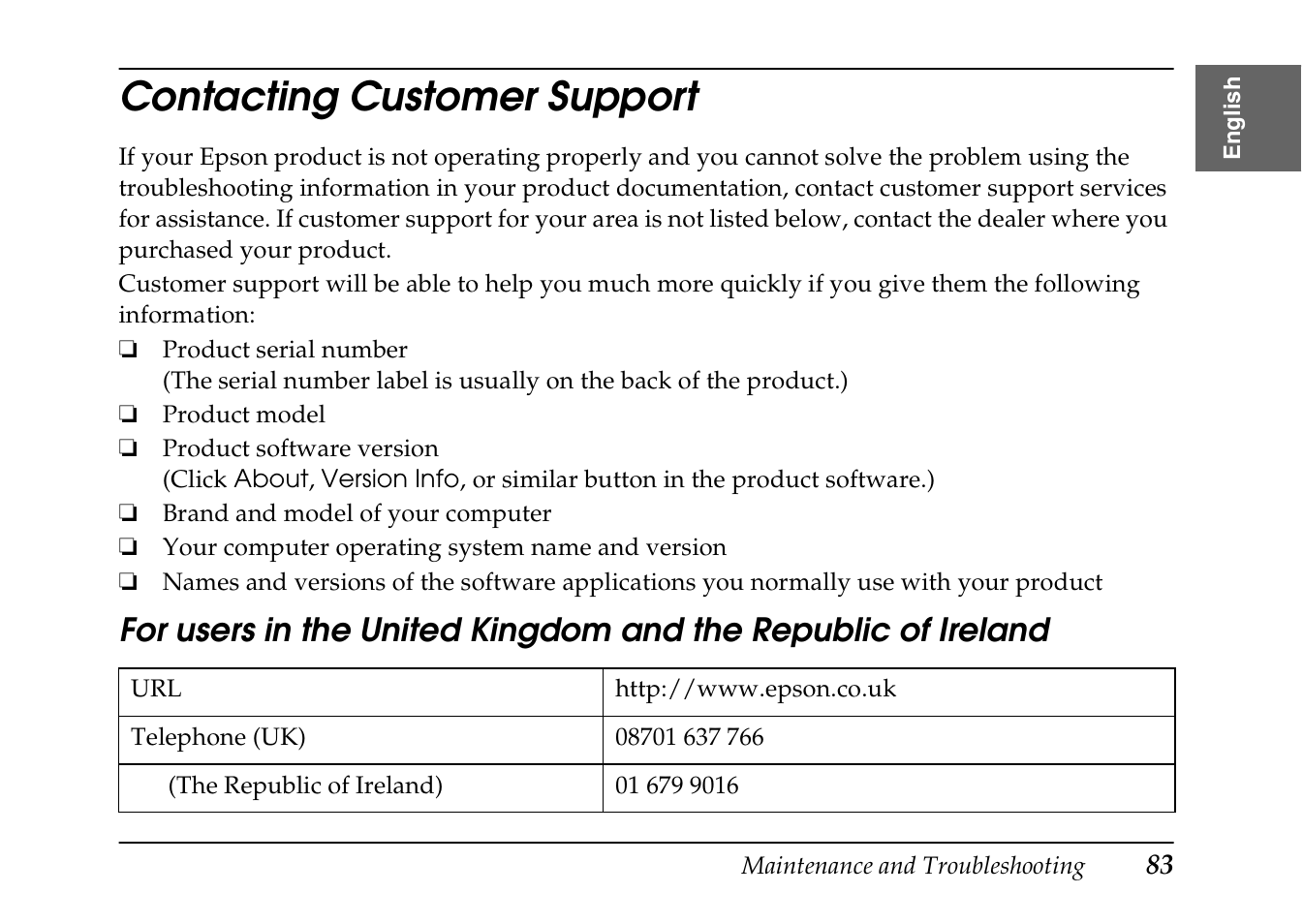 Contacting customer support | Epson PhotoPC L-410 User Manual | Page 83 / 98