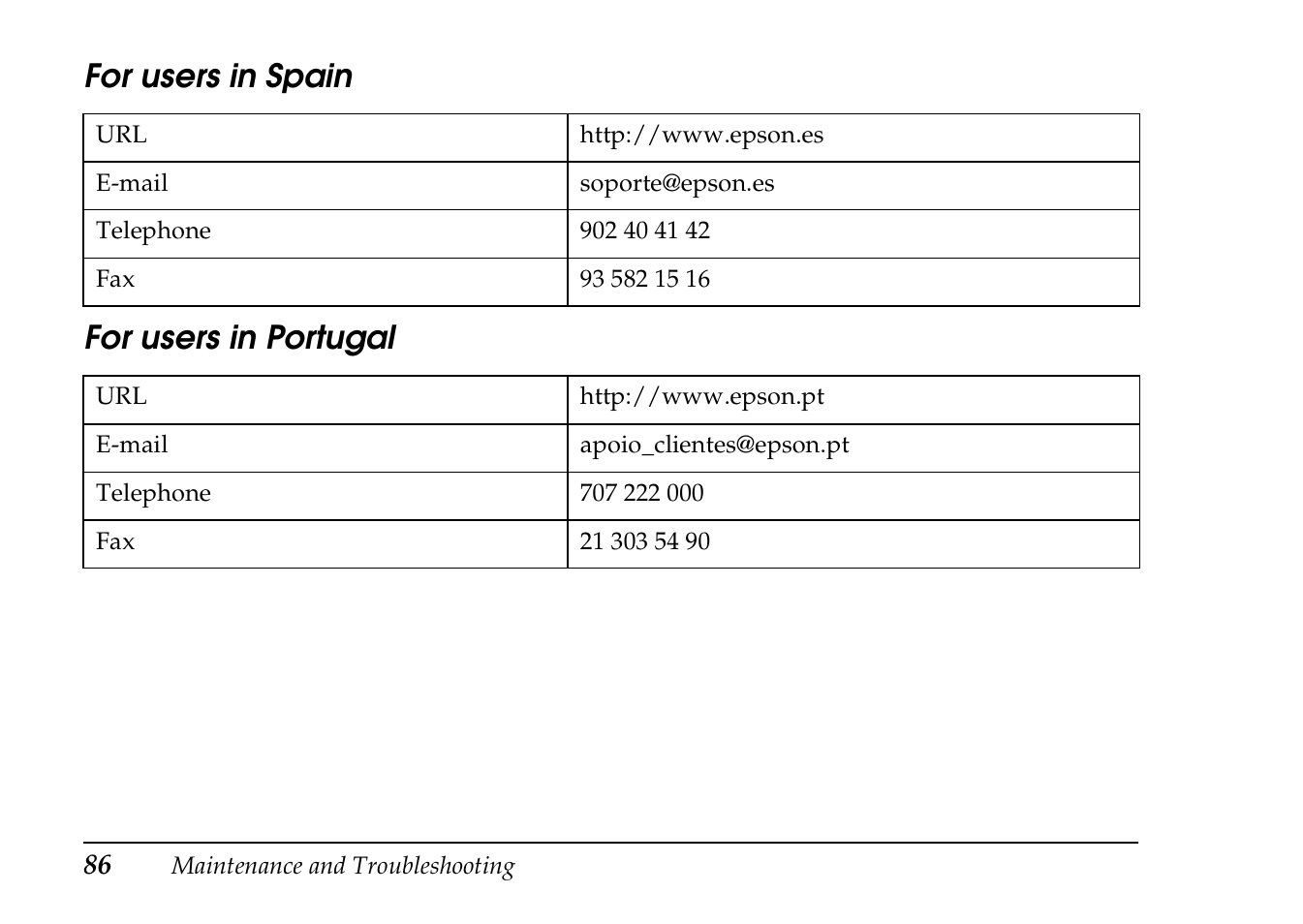 For users in spain for users in portugal | Epson PhotoPC L-410 User Manual | Page 86 / 98