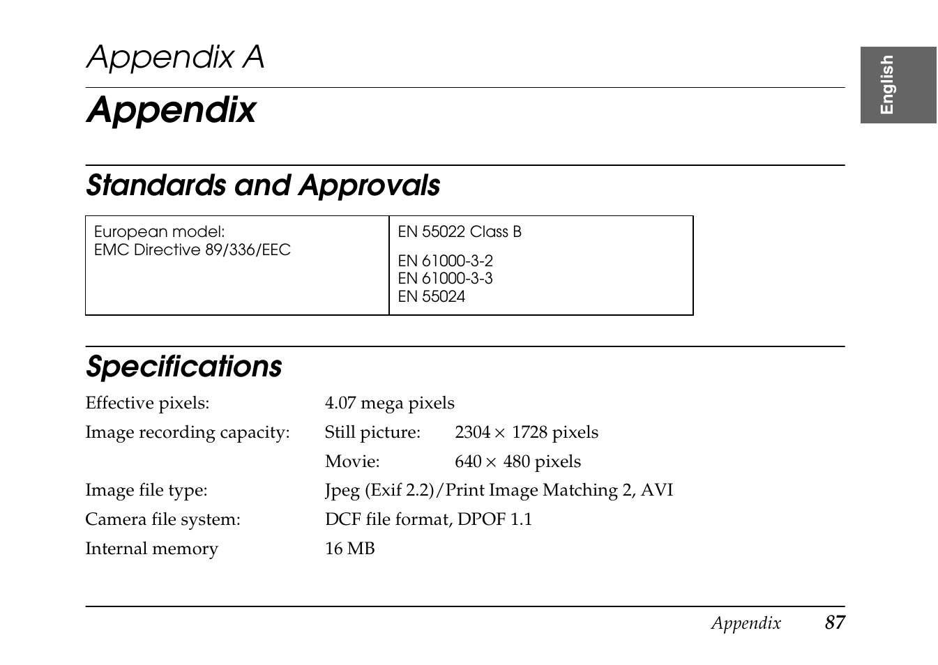 Appendix, Appendix a a, Standards and approvals specifications | Appendix a | Epson PhotoPC L-410 User Manual | Page 87 / 98