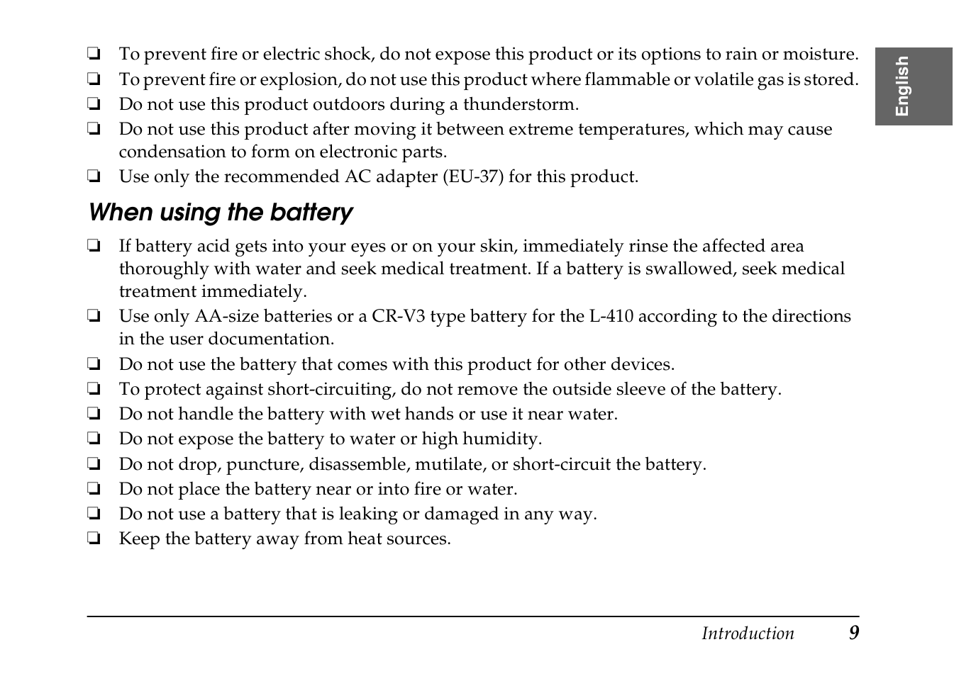 When using the battery | Epson PhotoPC L-410 User Manual | Page 9 / 98