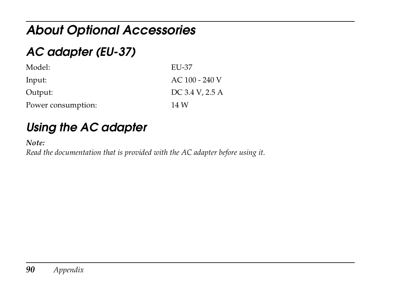 About optional accessories, Ac adapter (eu-37) using the ac adapter | Epson PhotoPC L-410 User Manual | Page 90 / 98