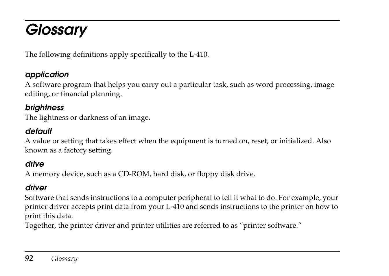 Glossary | Epson PhotoPC L-410 User Manual | Page 92 / 98