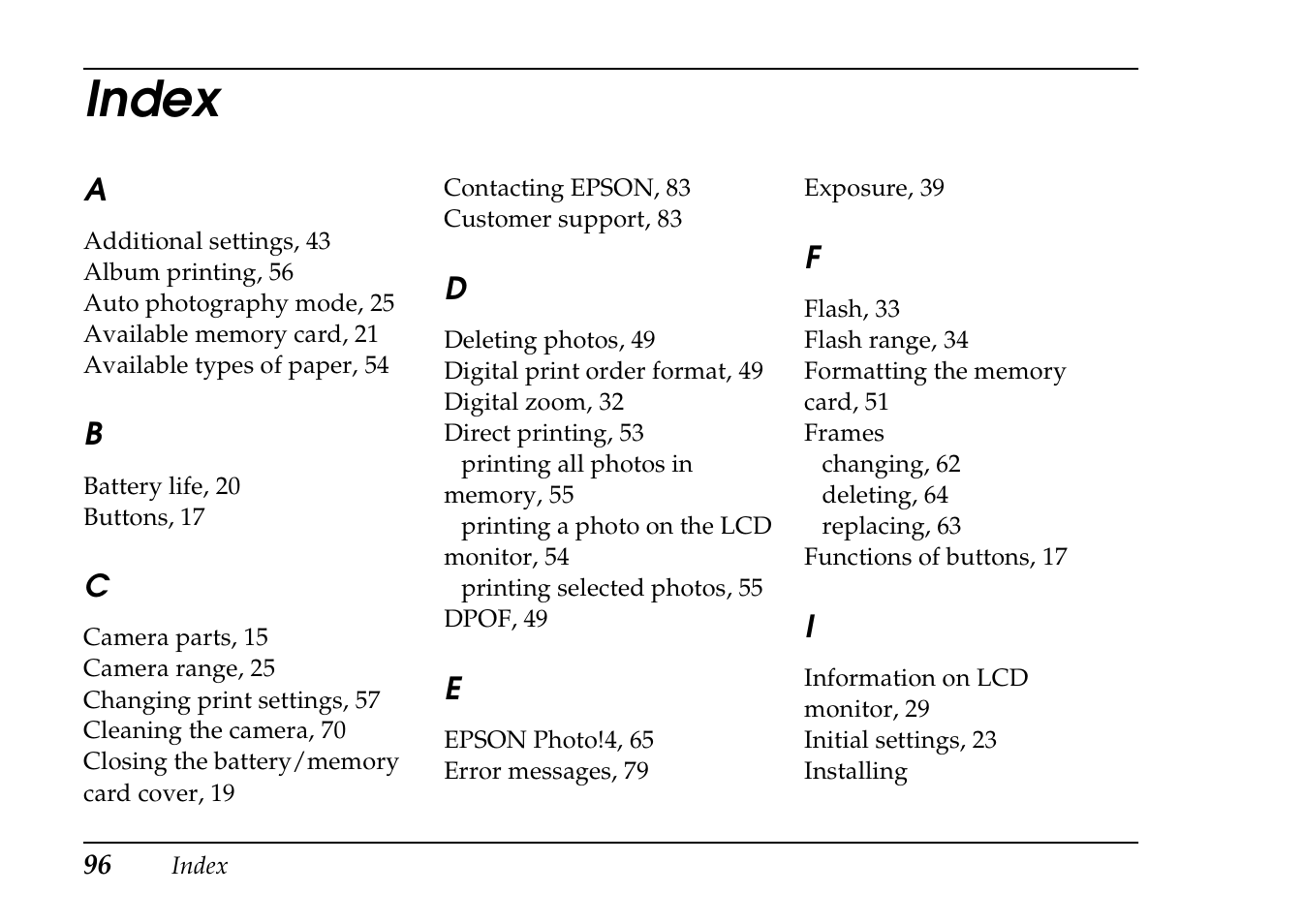 Index | Epson PhotoPC L-410 User Manual | Page 96 / 98