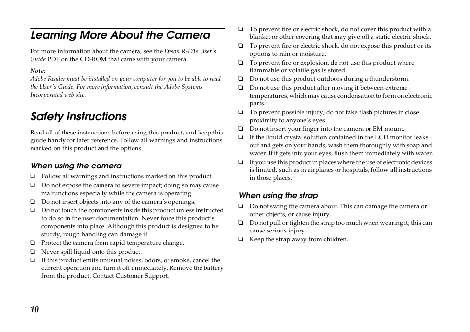 Learning more about the camera, Safety instructions, When using the camera | When using the strap | Epson R-D1s User Manual | Page 10 / 16