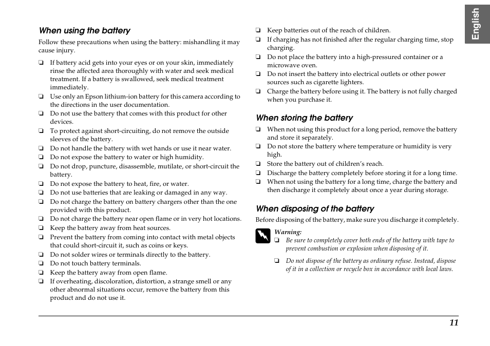 When using the battery, When storing the battery, When disposing of the battery | En glish | Epson R-D1s User Manual | Page 11 / 16