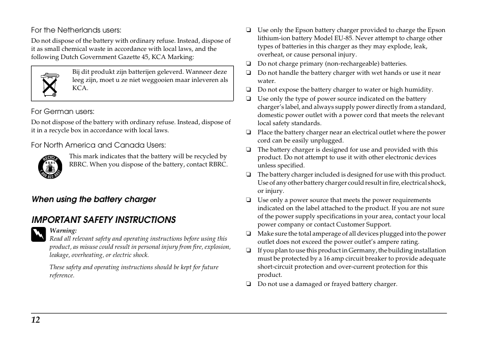 When using the battery charger, Important safety instructions | Epson R-D1s User Manual | Page 12 / 16