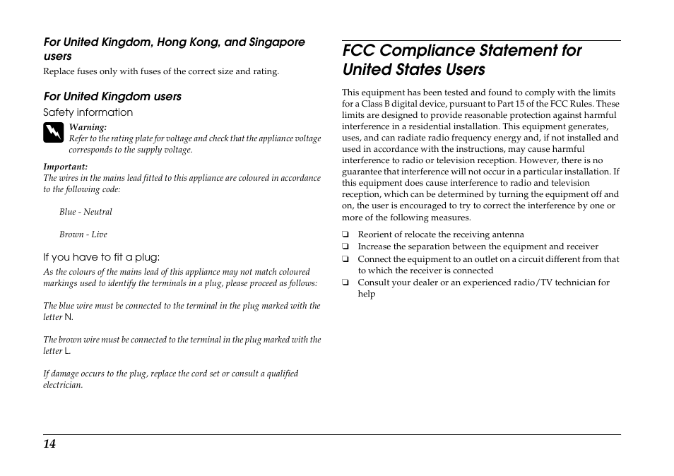 For united kingdom, hong kong, and singapore users, For united kingdom users, Fcc compliance statement for united states users | Epson R-D1s User Manual | Page 14 / 16