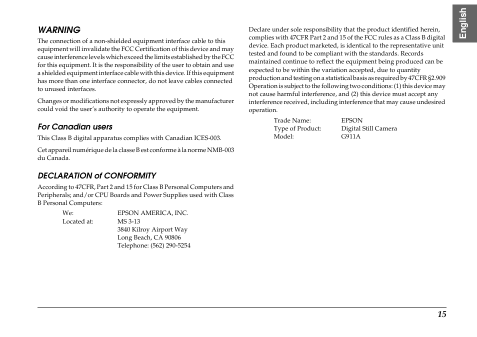 Warning, For canadian users, Declaration of conformity | En glish | Epson R-D1s User Manual | Page 15 / 16