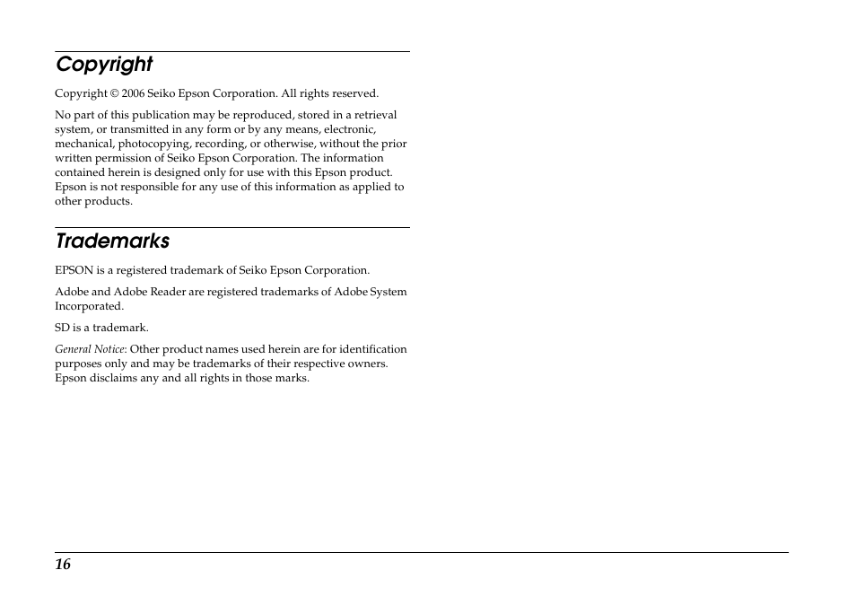 Copyright, Trademarks | Epson R-D1s User Manual | Page 16 / 16