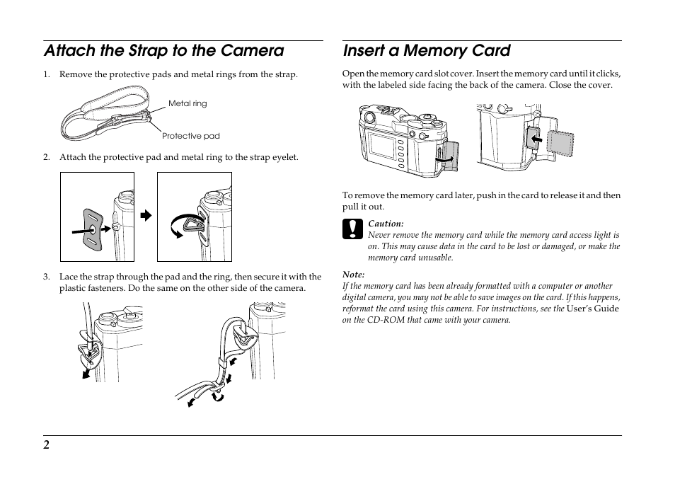 Attach the strap to the camera, Insert a memory card | Epson R-D1s User Manual | Page 2 / 16