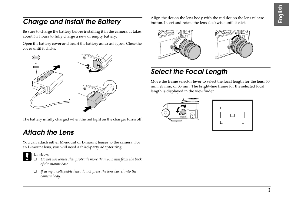 Charge and install the battery, Attach the lens, Select the focal length | Epson R-D1s User Manual | Page 3 / 16