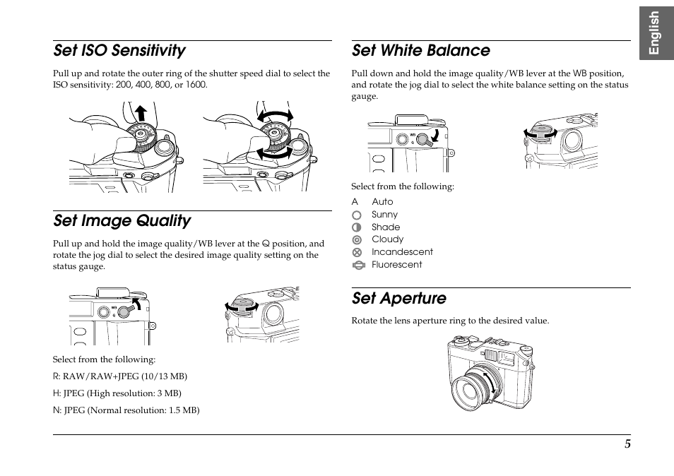 Set iso sensitivity, Set image quality, Set white balance | Set aperture | Epson R-D1s User Manual | Page 5 / 16