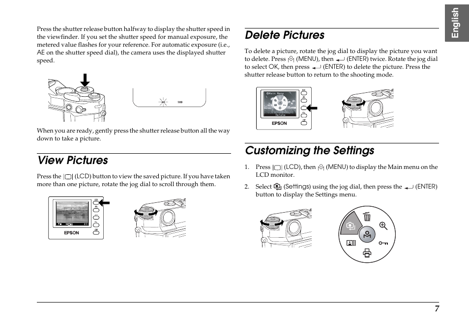 View pictures, Delete pictures, Customizing the settings | En glish | Epson R-D1s User Manual | Page 7 / 16