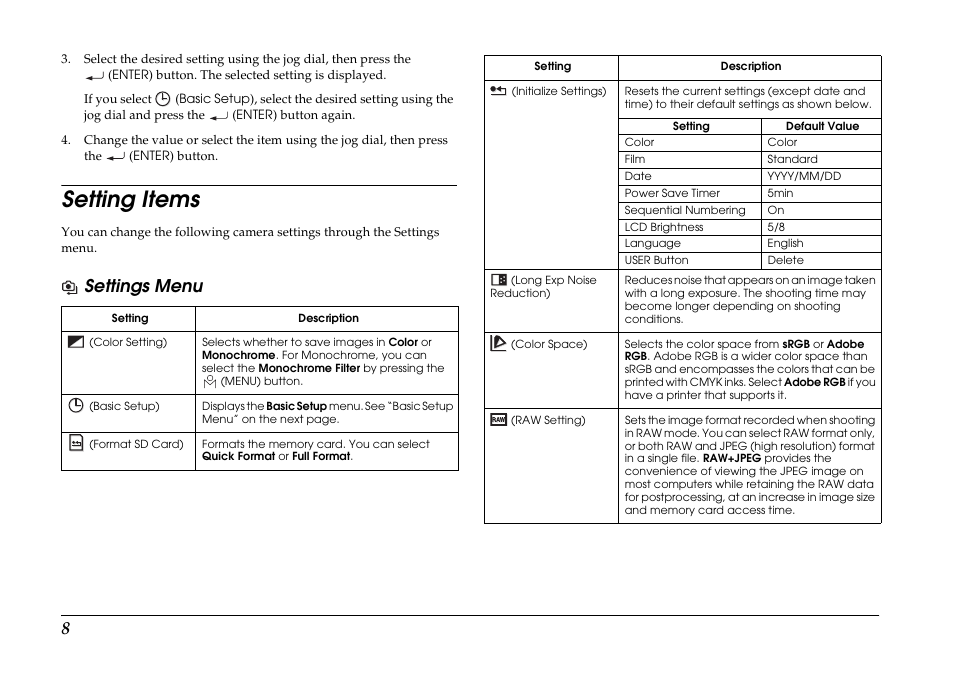 Setting items, Settings menu | Epson R-D1s User Manual | Page 8 / 16