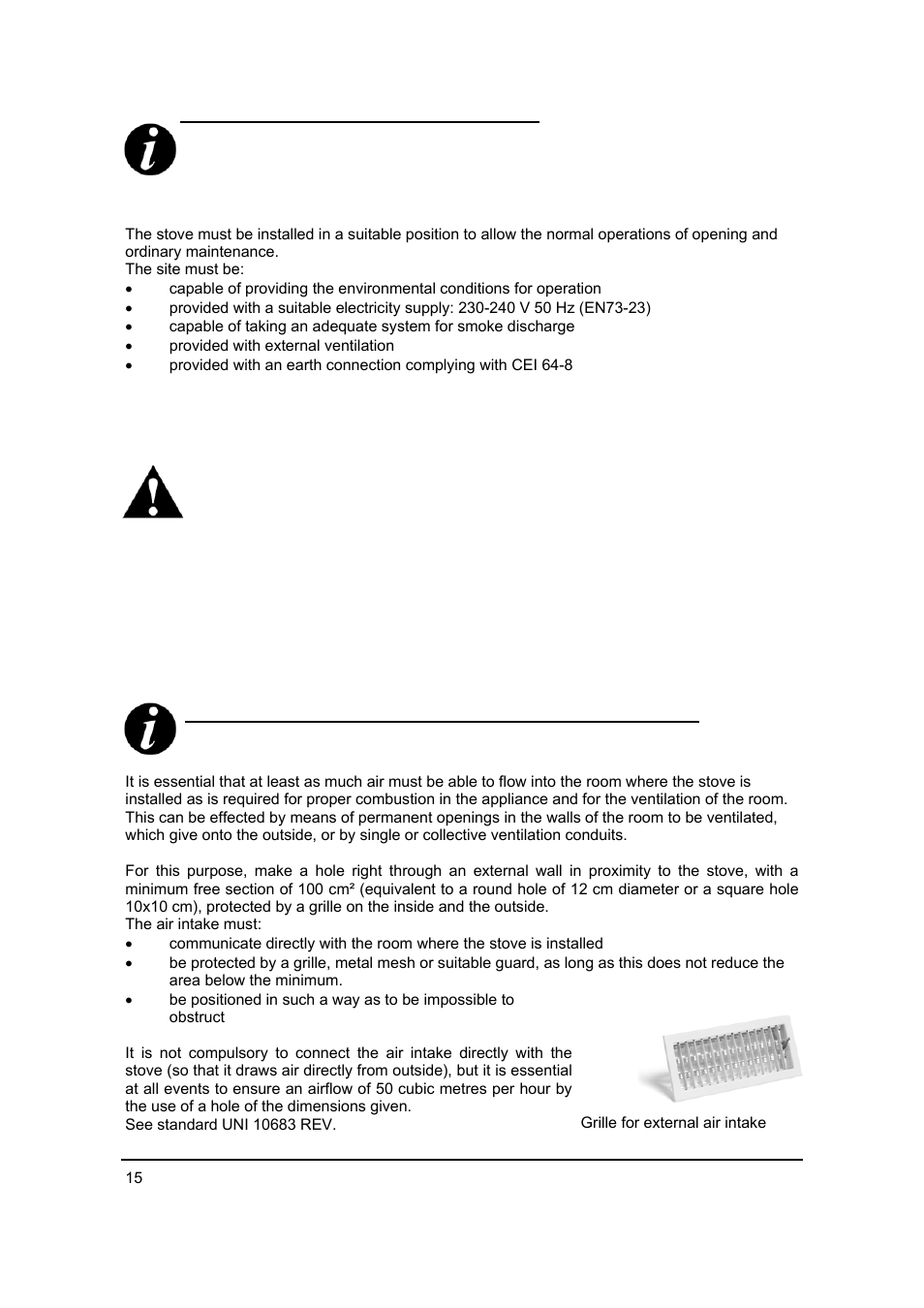 3 installation and fitting, 4 connection to the external air intake | MCZ Antares '03 User Manual | Page 16 / 61
