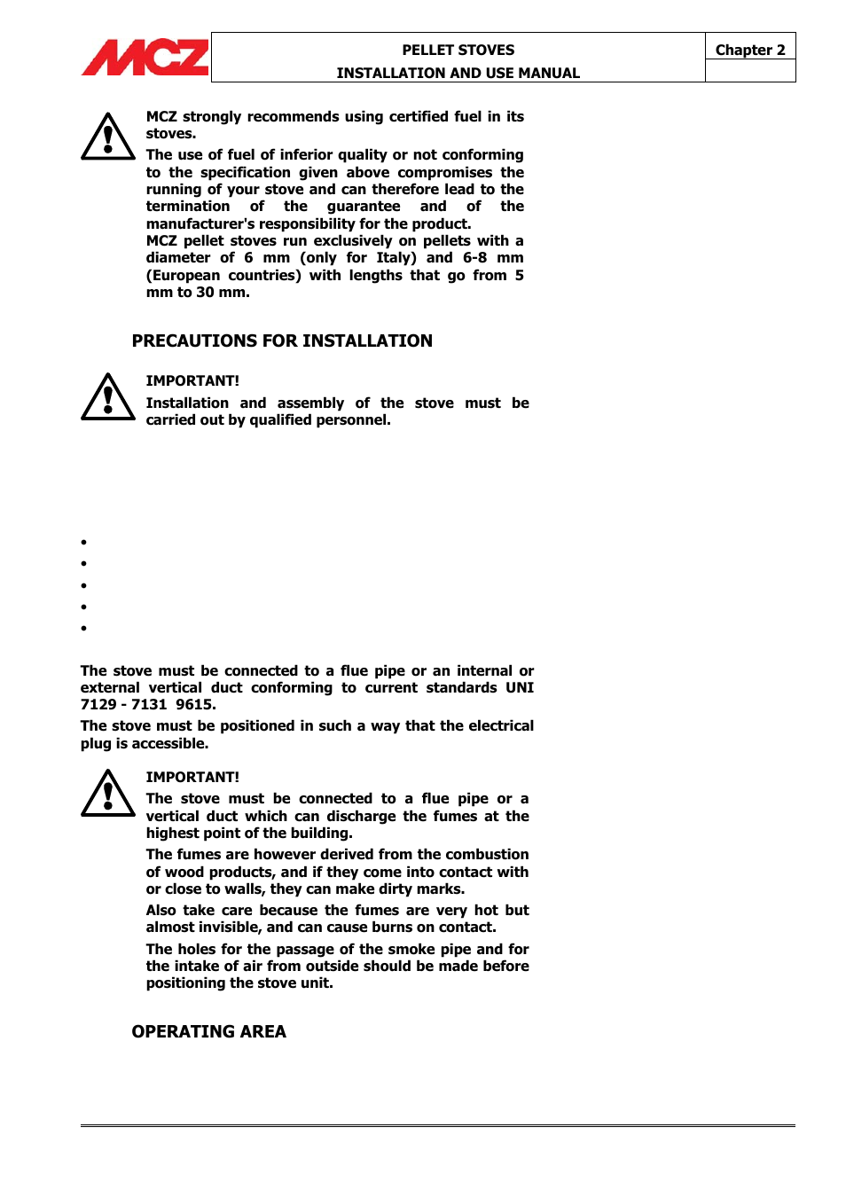 Precautions for installation, Operating area | MCZ Athos MULTIAIR User Manual | Page 11 / 53