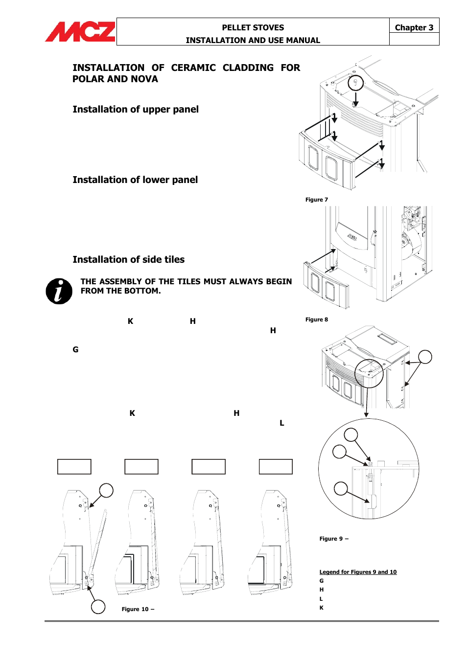 Kl h g, Installation of lower panel, Installation of side tiles | Fase 1 fase 2 fase 3 fase 4 | MCZ Athos MULTIAIR User Manual | Page 21 / 53