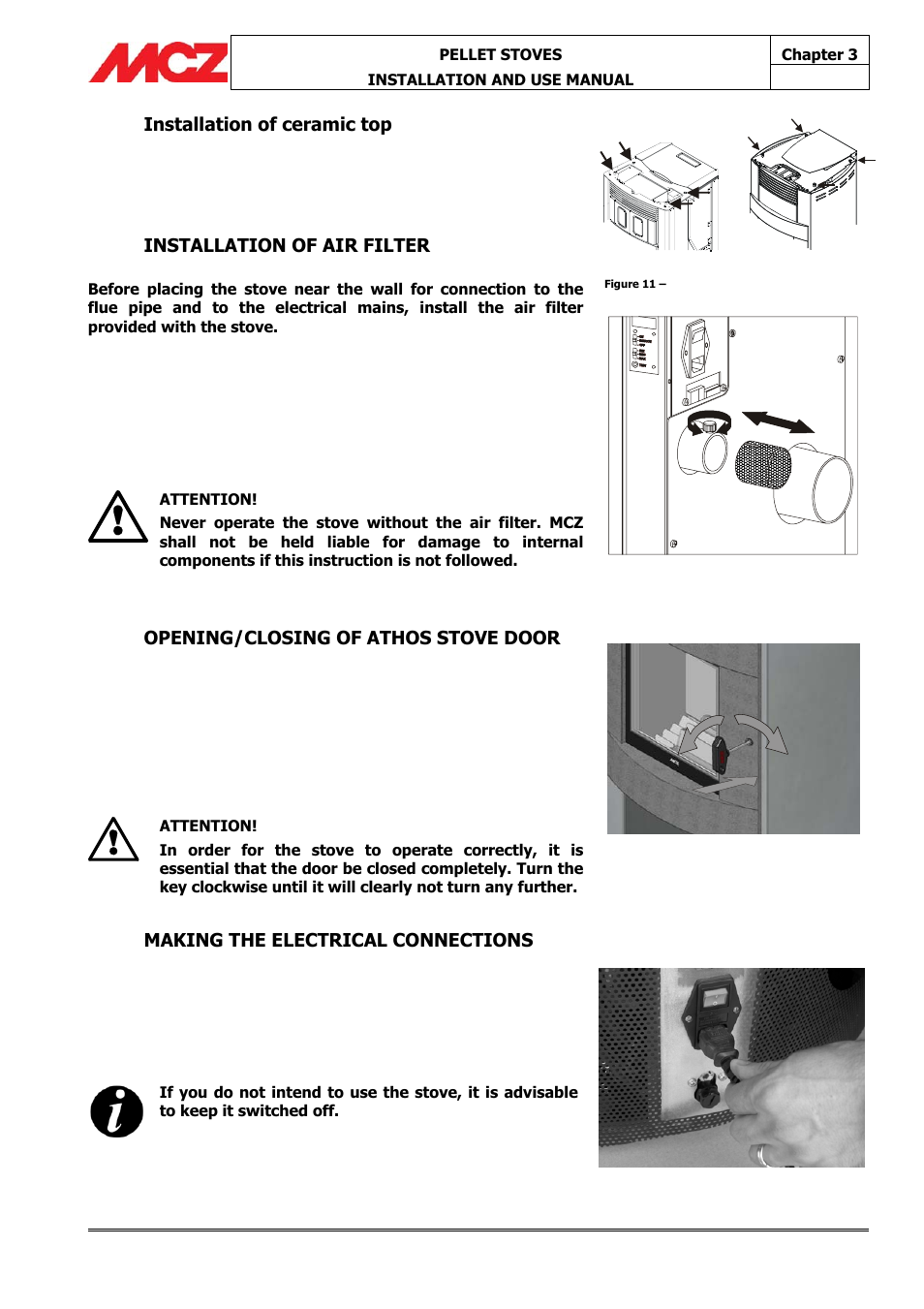 Installation of ceramic top, Installation of air filter, Opening/closing of athos stove door | Making the electrical connections | MCZ Athos MULTIAIR User Manual | Page 23 / 53