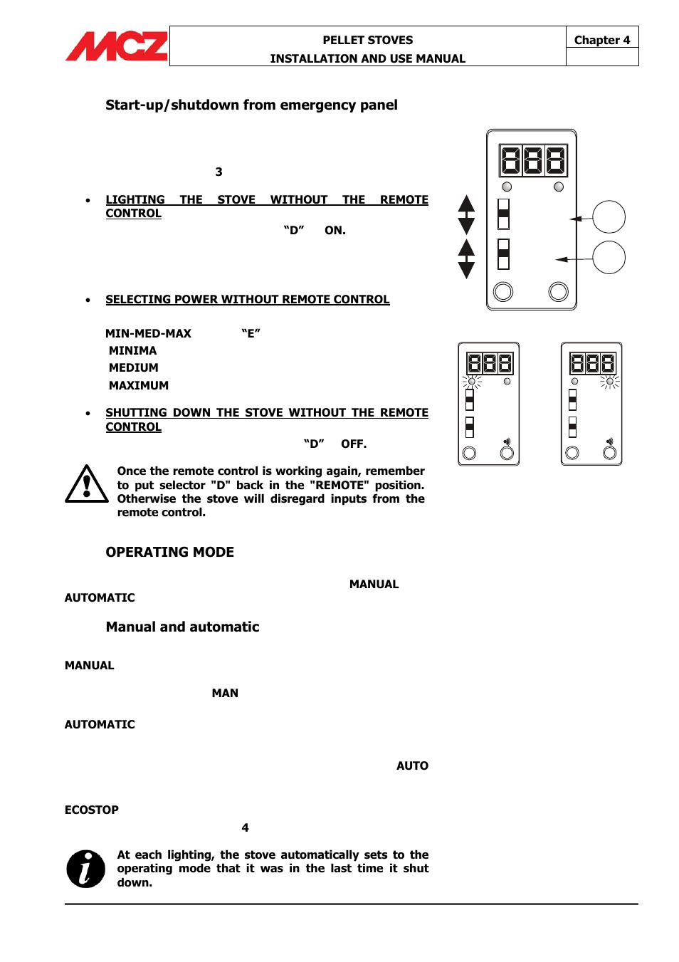 Start-up/shutdown from emergency panel, Operating mode, Manual and automatic | MCZ Athos MULTIAIR User Manual | Page 31 / 53