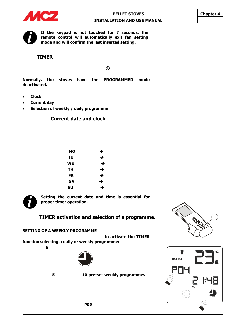 Timer, Current date and clock, Timer activation and selection of a programme | MCZ Athos MULTIAIR User Manual | Page 35 / 53
