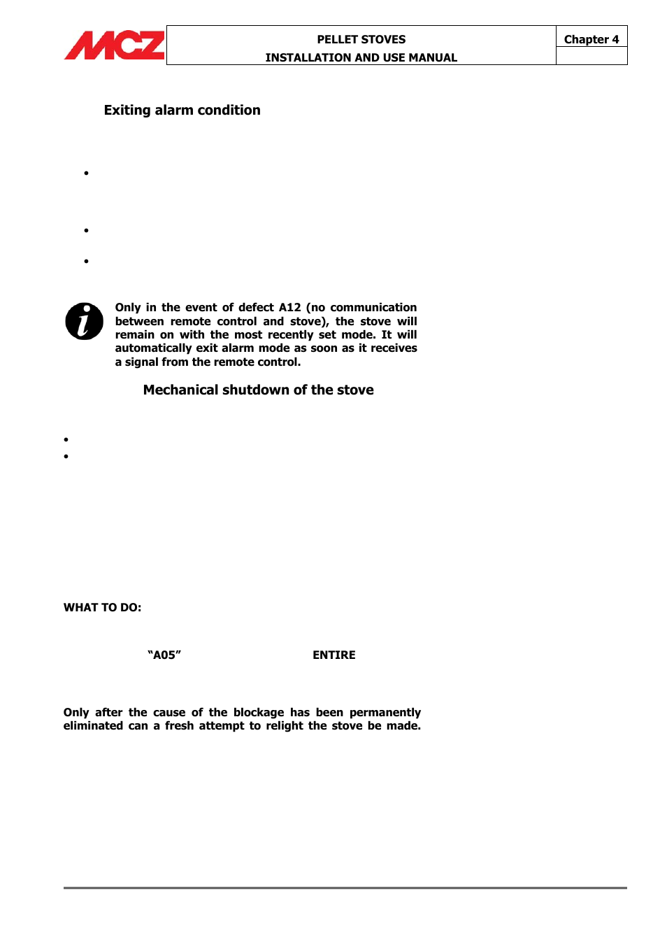 Exiting alarm condition, Mechanical shutdown of the stove | MCZ Athos MULTIAIR User Manual | Page 46 / 53
